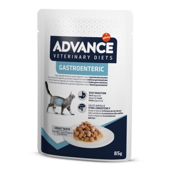Pochette de nourriture pour chats Advance Veterinary Diets Gastroenteric, 85g, avec une silhouette de chat gris, promouvant une digestion facile et une meilleure consistance des selles.