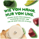 Brokkoli, Salat, rohes Fleisch, Holzlöffel und Topf auf grünem Hintergrund mit deutschem Text über frische Menüs für Haustierfutter.