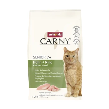 Katze Futterpaket mit Animonda Carny Senior 7+ mit Huhn und Rind. Wichtige Vorteile sind die Unterstützung des Immunsystems und die Gelenkgesundheit.