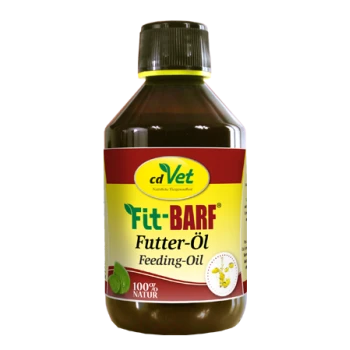 Flasche cdVet Fitt-BARF Futteröl, beschriftet mit 100% natürlich, mit einem gelben und roten Design auf weißem Hintergrund.