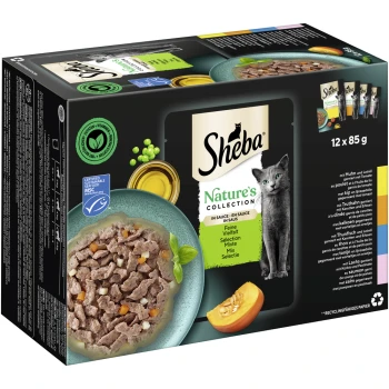 Nature's Collection Multipack in Sauce 12x85 g Feine Vielfalt (MSC) Sheba Nature's Collection Katzenfutterpackung mit 12 x 85g Dosen, mit einer Schüssel mit Nassfutter, die Fleischstücke und Gemüse zeigt.