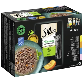 Opakowanie karmy dla kotów Sheba Nature's Collection z 12 x 85g puszkami, z miską mokrej karmy pokazującą kawałki mięsa i warzywa.