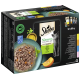 Sheba Nature's Collection Katzenfutterpackung mit 12 x 85g Dosen, mit einer Schüssel mit Nassfutter, die Fleischstücke und Gemüse zeigt.