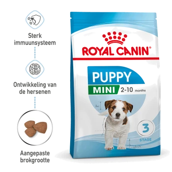 Royal Canin Puppy Mini hondenvoer zak, met een puppy-illustratie, benadrukt voordelen voor het immuunsysteem, hersenontwikkeling en brokjesgrootte.