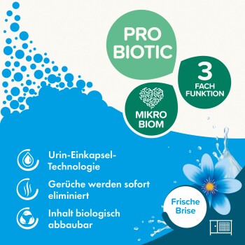 Werbung für ein probiotisches Haustierprodukt mit 'Mikrobiom'-Technologie, die Urinkapselung, Geruchsbeseitigung und biologisch abbaubare Inhaltsstoffe hervorhebt.