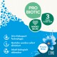 Werbung für ein probiotisches Haustierprodukt mit 'Mikrobiom'-Technologie, die Urinkapselung, Geruchsbeseitigung und biologisch abbaubare Inhaltsstoffe hervorhebt.