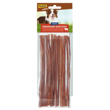 native Rinderdarm Kausticks 60g Hundekau-Sticks aus Rinderdärmen, verpackt mit einem Bild eines Border Collies und beschriftet mit "Rinderdarm Kausticks" von MultiFit.