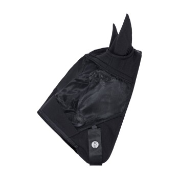 Schwarzer Haustier-Hoodie mit spitzen Ohren und weichem Innenfutter, mit einem Riemen an der Seite für einen sicheren Sitz.