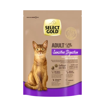 Emballage de nourriture pour chat avec un chat brun sur le devant, étiqueté "SELECT GOLD ADULT Sensitive Digestion," avec des détails sur les ingrédients et les avantages.