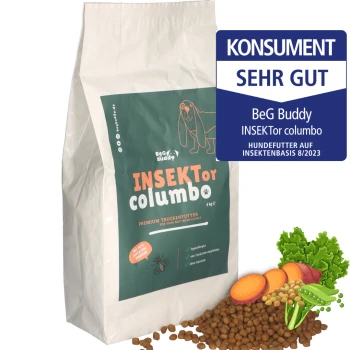 4 kg Tüte BeG Buddy INSEKTor Hundefutter, grün-weiße Gestaltung, mit Gemüse und Insekten, als hypoallergen und proteinreich gekennzeichnet.