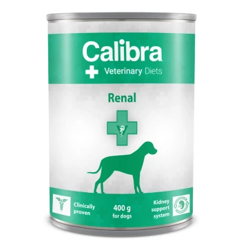 Boîte de nourriture pour chiens Calibra Veterinary Diets Renal, 400 g, avec un design vert et blanc, silhouette de chien et texte de soutien rénal.
