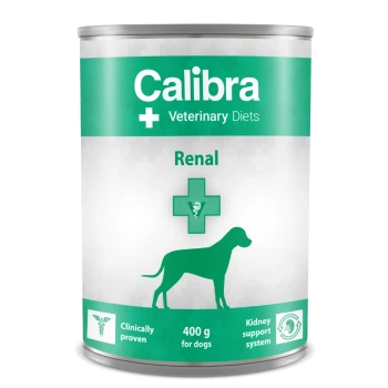 Calibra Veterinary Diets Renal Hundefutterdose, 400 g, mit grün-weißer Gestaltung, Hundesilhouette und Text zur Nierenunterstützung.