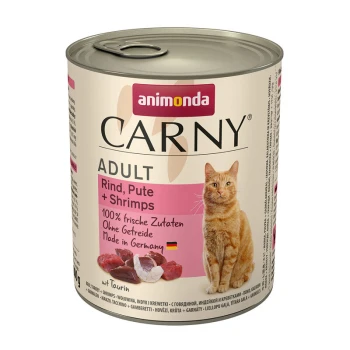 Carny Nassfutter Katze Adult Rind, Pute und Shrimps 6x800 g Dose Katzenfutter mit der Aufschrift "Animonda Carny Adult" mit Rind, Truthahn und Garnelen. Der Text hebt "100% frische Zutaten" und "Ohne Getreide" hervor.