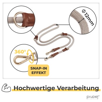 Eine hochwertige Hundeleine mit einem Durchmesser von 12mm, Lederakzenten und einem 360°-Snap-In-Effekt, beschriftet "Hochwertige Verarbeitung."