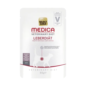 Select Gold Medica Veterinary Diet Leberdiät Katzenfutterbeutel, 85g, mit einer Katzensilhouette und Text für die Lebergesundheit.