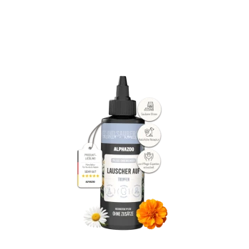 Flasche Alphazoo Ohrpflege-Tropfen für Hunde und Katzen mit Kamille und Ringelblume, beschriftete Vorteile und Blumen.