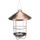 Kupferfarbener Vogelhaus mit kuppelförmigem Dach, transparentem Glasgehäuse und einer runden Futterplatte am Boden.
