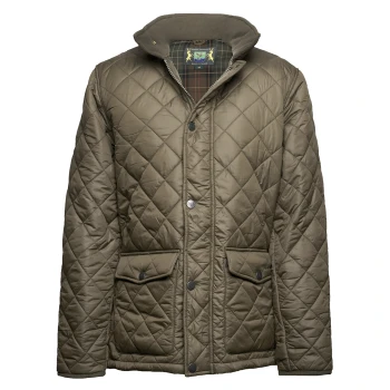 Olivgrüne gesteppte Hundejacke mit Druckknöpfen und zwei Fronttaschen, kariertem Innenfutter und Kragen aus einem Online-Tiergeschäft.