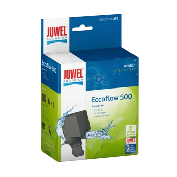 Emballage du kit de pompe Juwel Eccoflow 500, avec une illustration de pompe grise, des graphiques d'éclaboussures d'eau, et du texte en plusieurs langues.