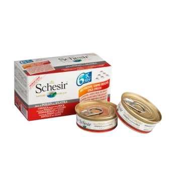 Schesir Katzenfutterpackung mit sechs 50g Dosen Hühner- und Entenfilets, mit Text, der Frische und keine Abfälle hervorhebt.