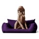 Ein hellbrauner Hund sitzt aufrecht auf einem plüschigen lila Haustierbett und schaut neugierig zur Seite.