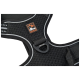 Schwarzes Hundegeschirr mit einem Netzdesign, mit einem Logo von "Dogs Creek Outdoor Gear" und einem stabilen Clip zur Leinenbefestigung.