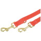 Red adjustable pet leash with two gold metal swivel snap hooks and a D-ring.