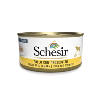 Nourriture pour chien en conserve Schesir en gelée, étiquetée "Pollo con Prosciutto," contenant du poulet et du jambon pour chiens adultes.