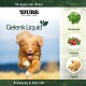Ein springender Hund mit "Gelenk Liquid" darüber, umgeben von Symbolen für Brennnessel, Hagebutte und Ingwer in einer grünen natürlichen Umgebung.