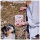 Person hält pinken 'VEGDOG Beevys' Hundesnack-Beutel und -Stange, Australian Shepherd blickt nach oben.