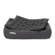 Schwarzes Haustierbett mit einem gepolsterten Design und einem abnehmbaren Kissen, mit dem Logo "Doctor Bark" an der Seite.