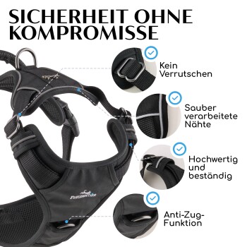 Schwarzes Hundegeschirr mit der Aufschrift "Sicherheit ohne Kompromisse", mit rutschfestem, sauberen Nähten, hoher Qualität und Anti-Zieh-Design.