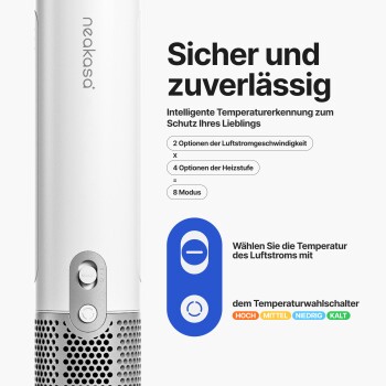 Ein modernes Haustierpflegegerät mit einem weißen Gehäuse, Mesh-Boden, Temperaturregelung und Tasten für Luftstrom- und Temperatureinstellungen.