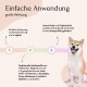 Ein Shiba Inu sitzt neben dem Text: "Einfach Anwendung, große Wirkung," der einfache Dosierung und beruhigende Inhaltsstoffe für das Wohlbefinden beschreibt.