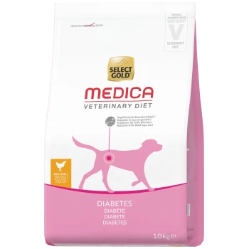 Select Gold Medica Veterinary Diet Hundefutterbeutel, rosa Hundesilhouette mit Zielscheibe am Bauch, 'DIABETES', 'POULTRY', 10 kg.