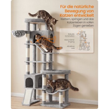 Grauer mehrstöckiger Kratzbaum mit drei getigerten Katzen; sichtbare deutsche Überschrift: „Für die natürliche Bewegung von Katzen“.