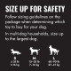 Sign 'SIZE UP FOR SAFETY' with dog silhouettes; sizes S ≤35 lb (≤16 kg), M 15–35 lb (7–16 kg), L 60–90 lb (27–41 kg)