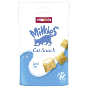 Animonda Milkies Katzensnack-Tüte mit blauem Katzenlogo, Text „Cat Snack“, „Dental Care“, „Fresh“ und milchgefüllten, getreidefreien Leckerlis