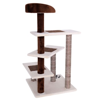 Katzenbaum mit drei Plattformen, einem gemütlichen oberen Sitzplatz und Kratzpfosten, in einem weichen beige-braunen Farbschema.