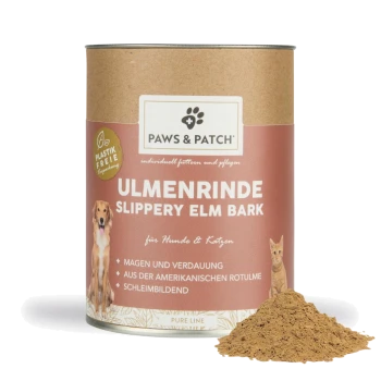 Behälter mit der Aufschrift 'PAWS & PATCH ULMENRINDE SLIPPERY ELM BARK' für Hunde & Katzen mit einem kleinen Haufen braunem Pulver.