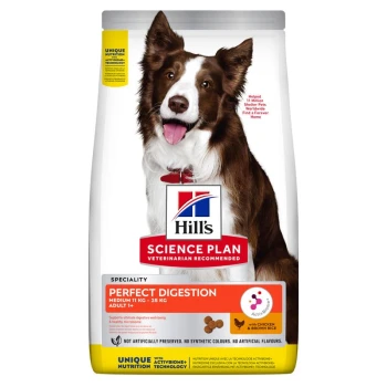Ein Beutel Hill's Science Plan Hundefutter für mittelgroße erwachsene Hunde (11-25 kg) mit einem lächelnden Border Collie und dem Etikett "Perfekte Verdauung."