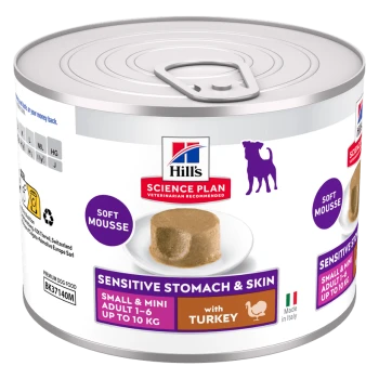 Dose Hill's Science Plan Sensitive Stomach & Skin weiches Mousse-Hundefutter, Small/Mini Adult 1–6 bis 10 kg, mit Truthahn.