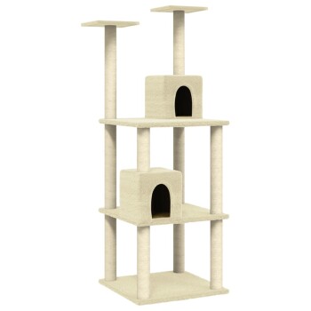 Ein hoher, beiger Katzenbaum mit zwei Plattformen, zwei geschlossenen Würfelflächen und stabilen Pfosten, entworfen zum Klettern und Ausruhen.