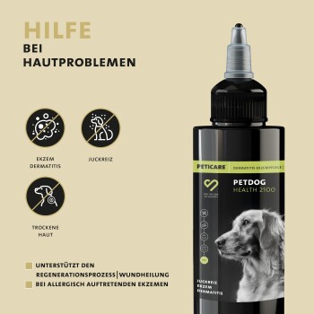 Flasche Petcare Petdog Health 2100 für Hautprobleme, mit einem Hundebild, Symbolen für Ekzeme, Juckreiz und trockene Haut sowie Text in Deutsch.