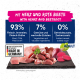 Futtermittel-Etikett: Rohes Herz und Rote Bete, 'Mit Herz und Rote Beete', 93% Fleisch, 7% Gemüse, 0% Getreide/Zucker, Made in Germany.