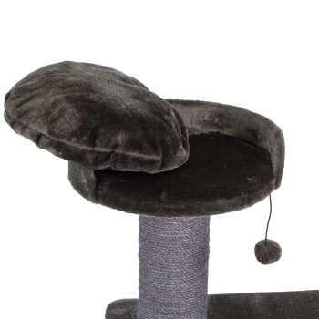 Ein plüschiger grauer Katzenbaum mit einem runden, weichen Platz und einem hängenden Pom-Pom-Spielzeug, entworfen für den Komfort und das Spiel von Haustieren.