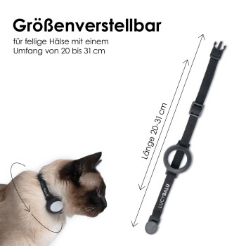 Verstellbares Katzenhalsband für Halsgrößen von 20-31 cm, mit einem schwarzen Riemen und einem runden Einstellring, mit dem Markennamen 'LUCY & BALI'.