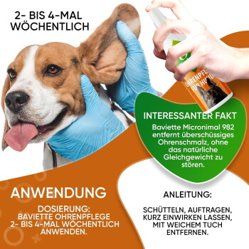 Demonstration der Ohrenreinigung beim Hund: behandschuhte Hände halten das Ohr, Sprayflasche; deutscher Text „2- bis 4-mal wöchentlich“ und „ANWENDUNG“.