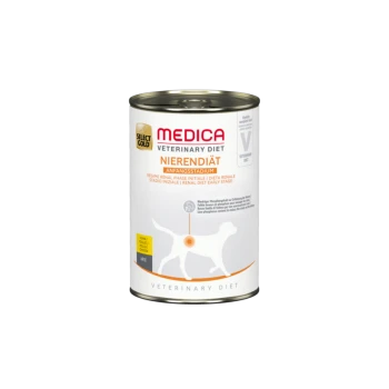 Dosenfutter für Hunde mit der Aufschrift 'Medica Veterinary Diet Nierendiät' für Nierendiäten, mit einer Hundesilhouette und ernährungsbezogenen Angaben.