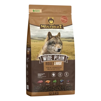Wolfsblut Wide Plain Adult Large Hundefutterbeutel mit Wolfsbild, Feldhintergrund, 'Horse with Sweet Potatoes' 12,5 kg.